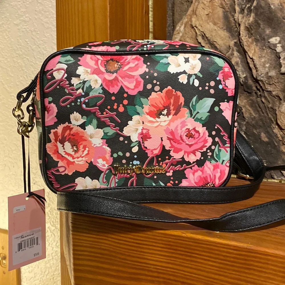 NWT Juicy Couture black with pink floral pattern crossbody purse - Picture 1 of 10